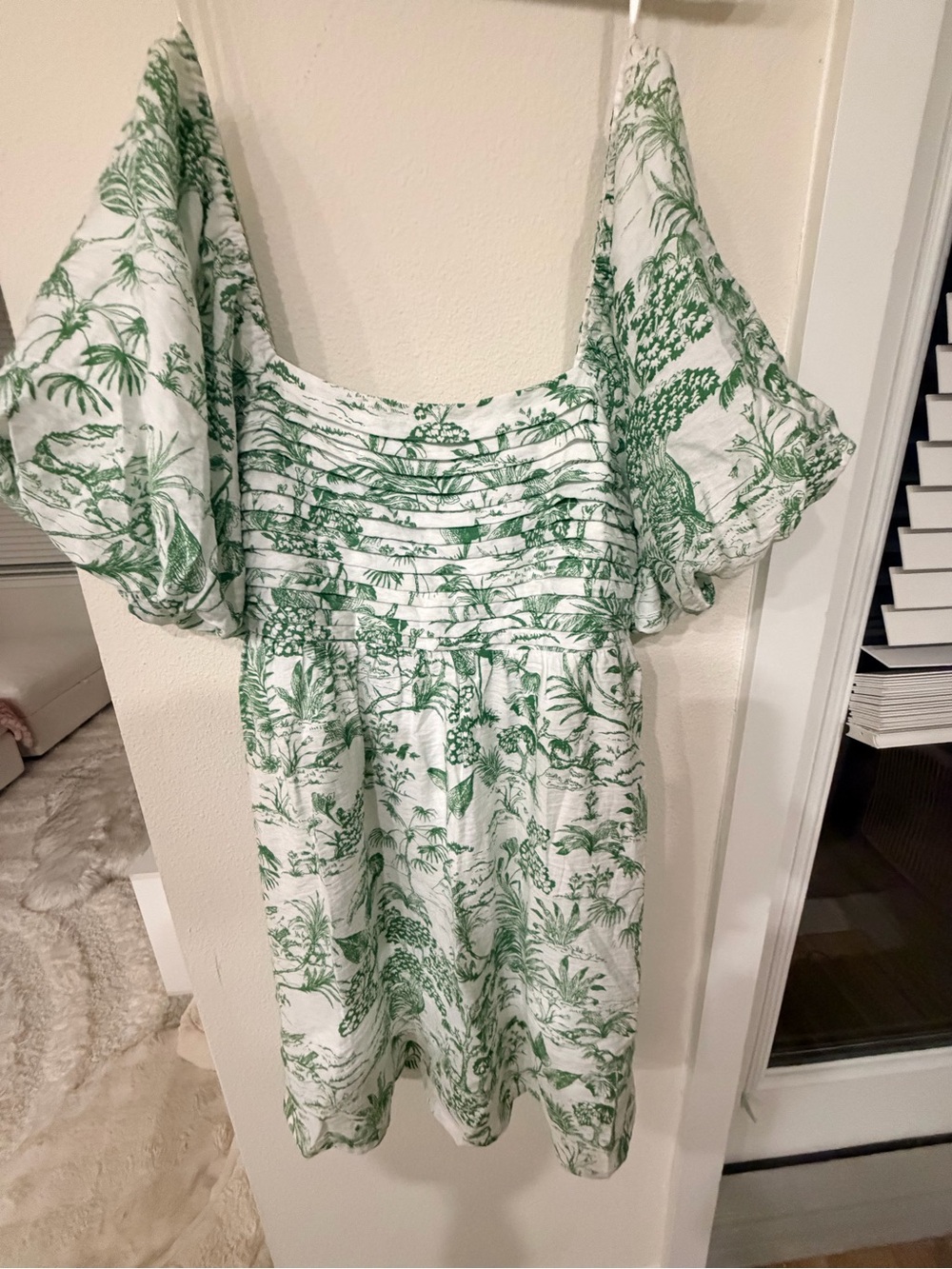 Green & White Toile Midi Dress with Puff Sleeves
